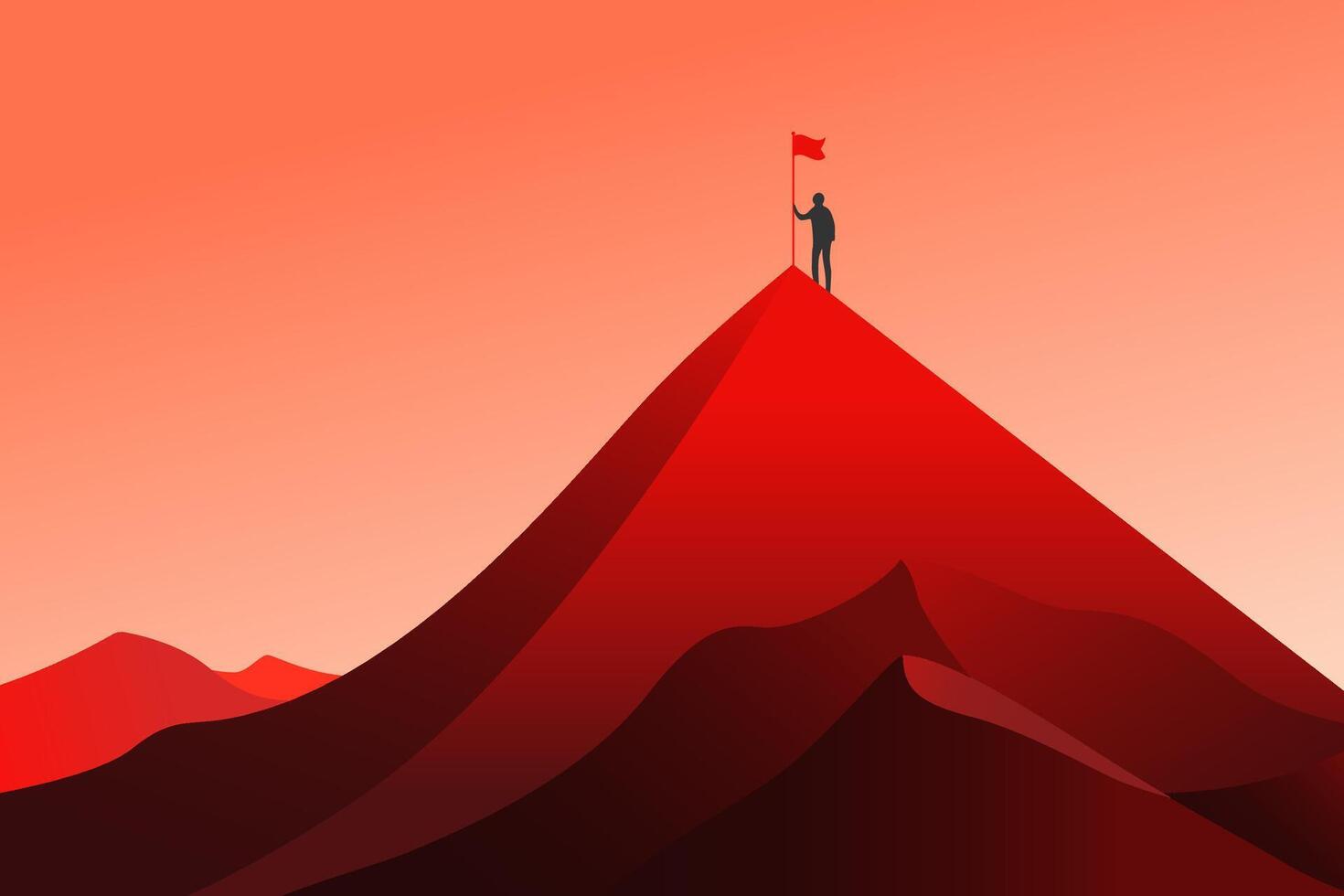 uma objetivo em topo do montanha. homem em pé em topo com vermelho bandeira. negócios, sucesso, liderança, Alto resultados realização conceito. plano vetor ilustração.