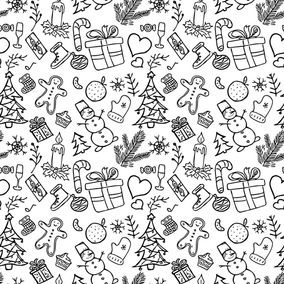 sem costura padrão de ano novo. fundo do vetor com doodle ícones de ano novo e Natal. ilustração com caixa de presente, boneco de neve, árvore de natal, doces, chapéu, laranja isolado no fundo branco