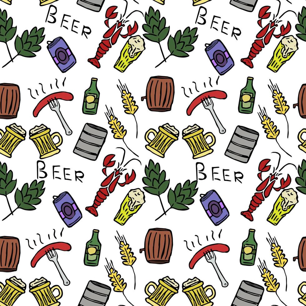 sem costura doodle padrão com cerveja, lagostas e salsichas. Ilustração em vetor preto e branco com ícones do tema cerveja
