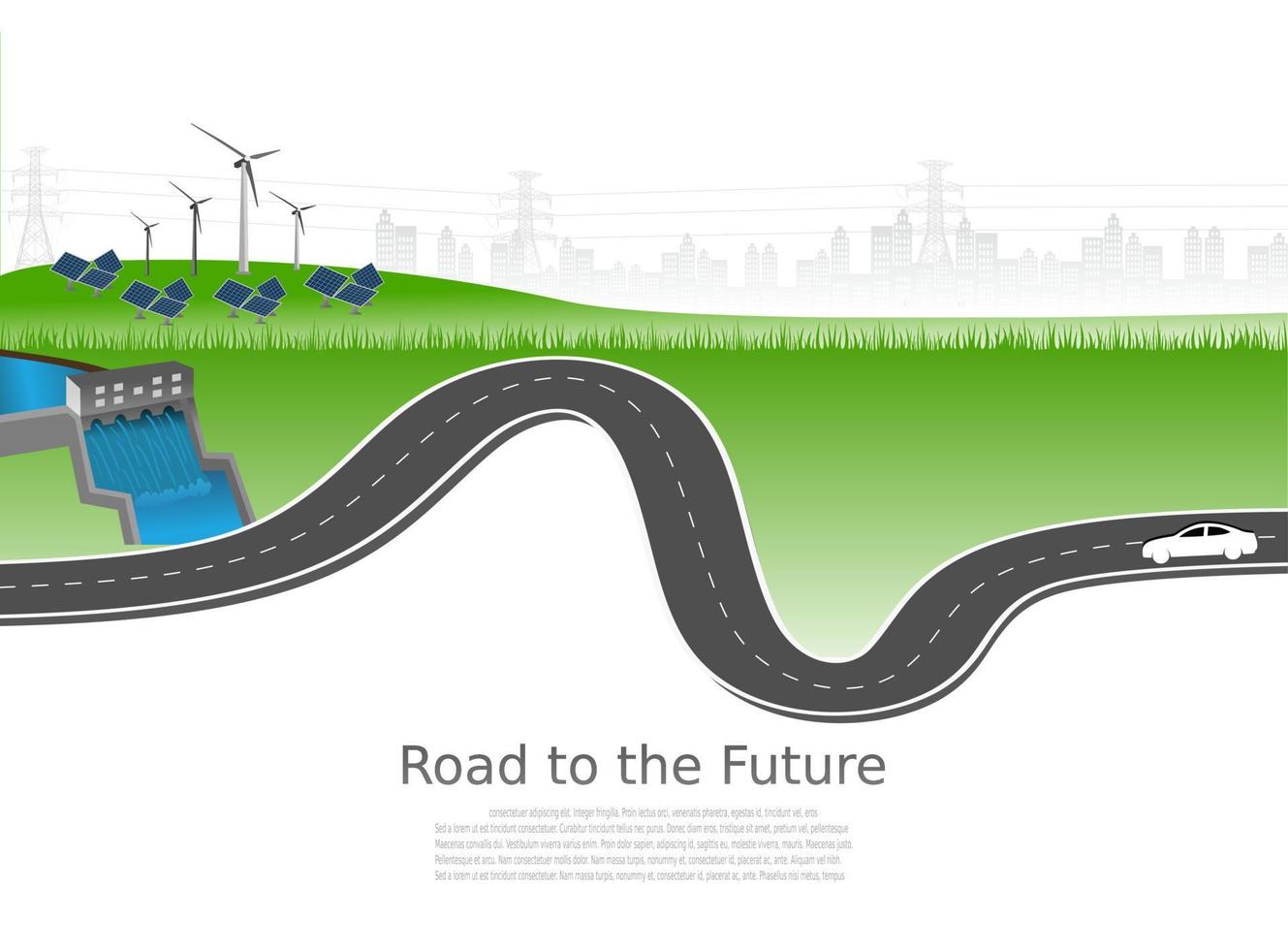 sistema de geração de energia energia limpa renovável da natureza, como energia eólica, solar e hídrica, pode ser usada para produzir eletricidade. Infográfico de modelo de vetor cronograma de operações de negócios com bandeiras