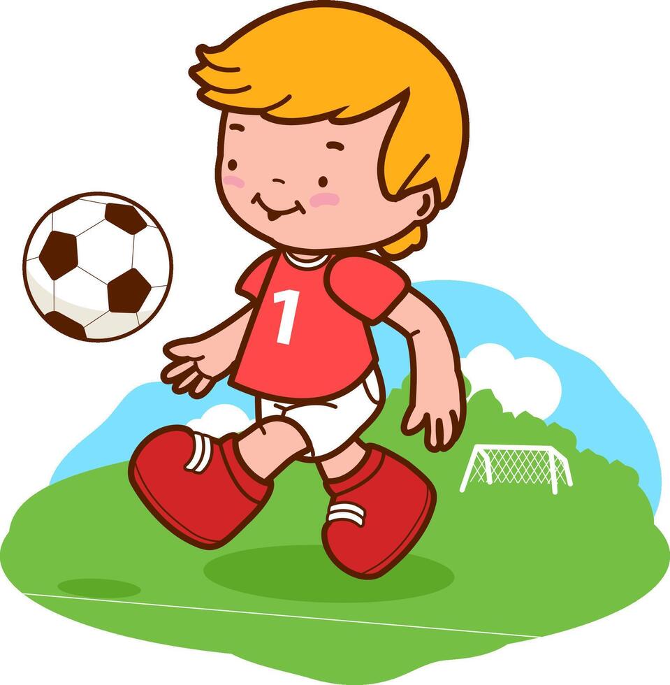 pequeno Garoto jogando futebol. uma feliz criança tocam futebol em a futebol campo. vetor ilustração