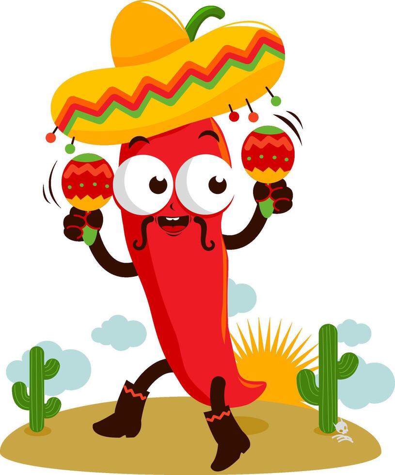 desenho animado mariachi Pimenta Pimenta jogando música com maracás e dançando dentro a mexicano deserto. desenho animado Pimenta jalapeno Pimenta. vetor ilustração