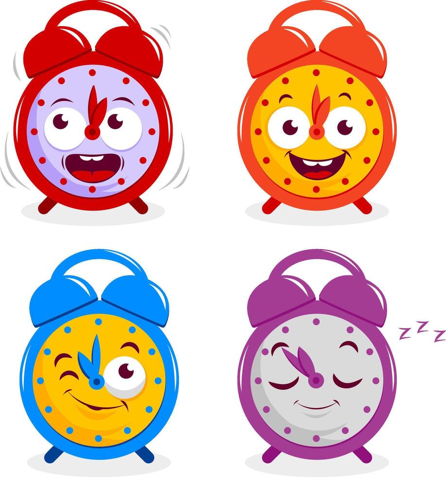 uma conjunto do quatro feliz alarme relógios personagens. uma toque, uma sorridente, uma piscando e uma dormindo Tempo alarme relógio. vetor ilustração