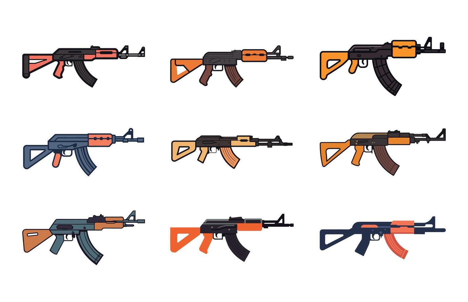 ak47 ícone definir. kalashnikov máquina arma de fogo ilustração definir. ak 47 automático rifle vetor conjunto