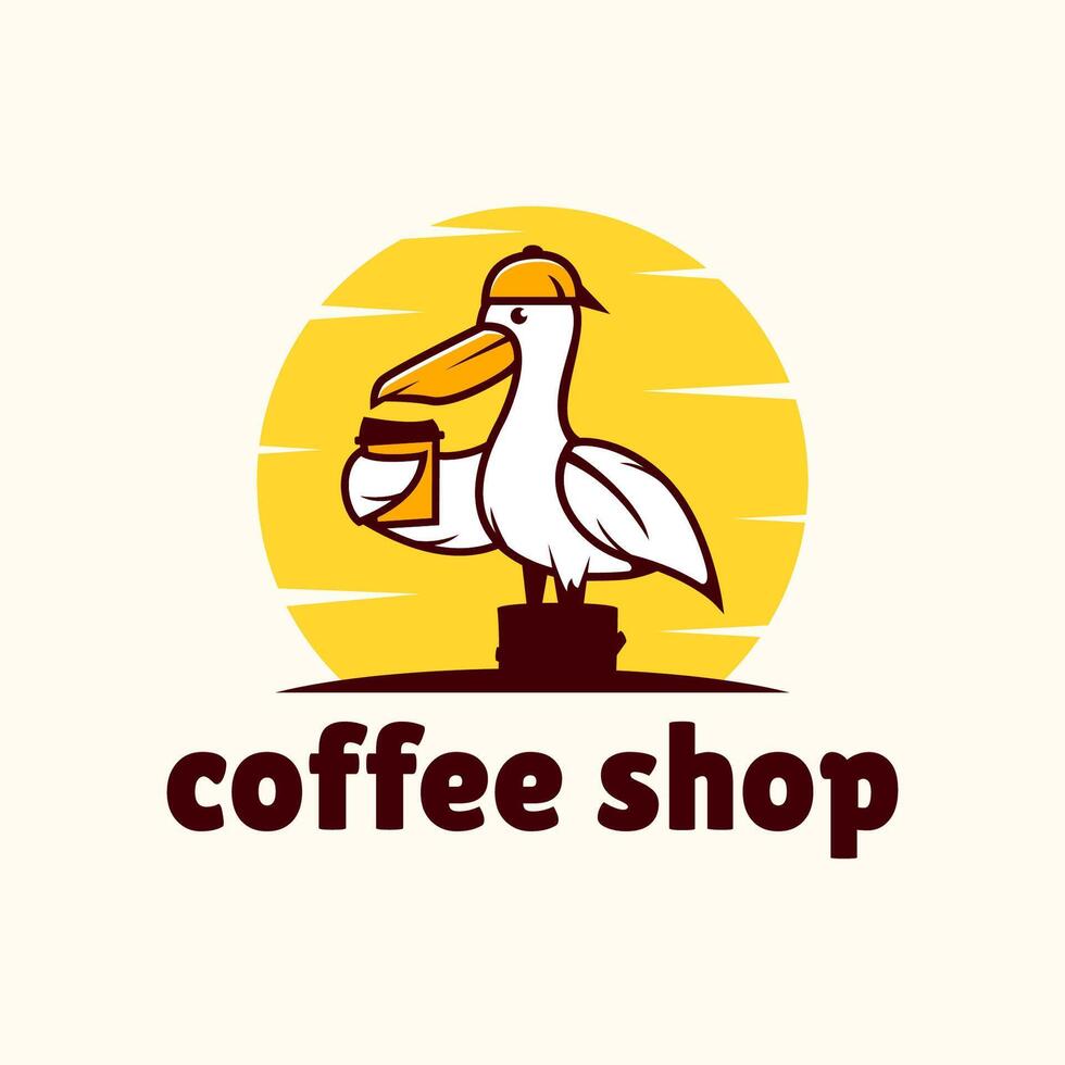 café logotipo modelo, pelicano mascote para café fazer compras e restaurante vetor