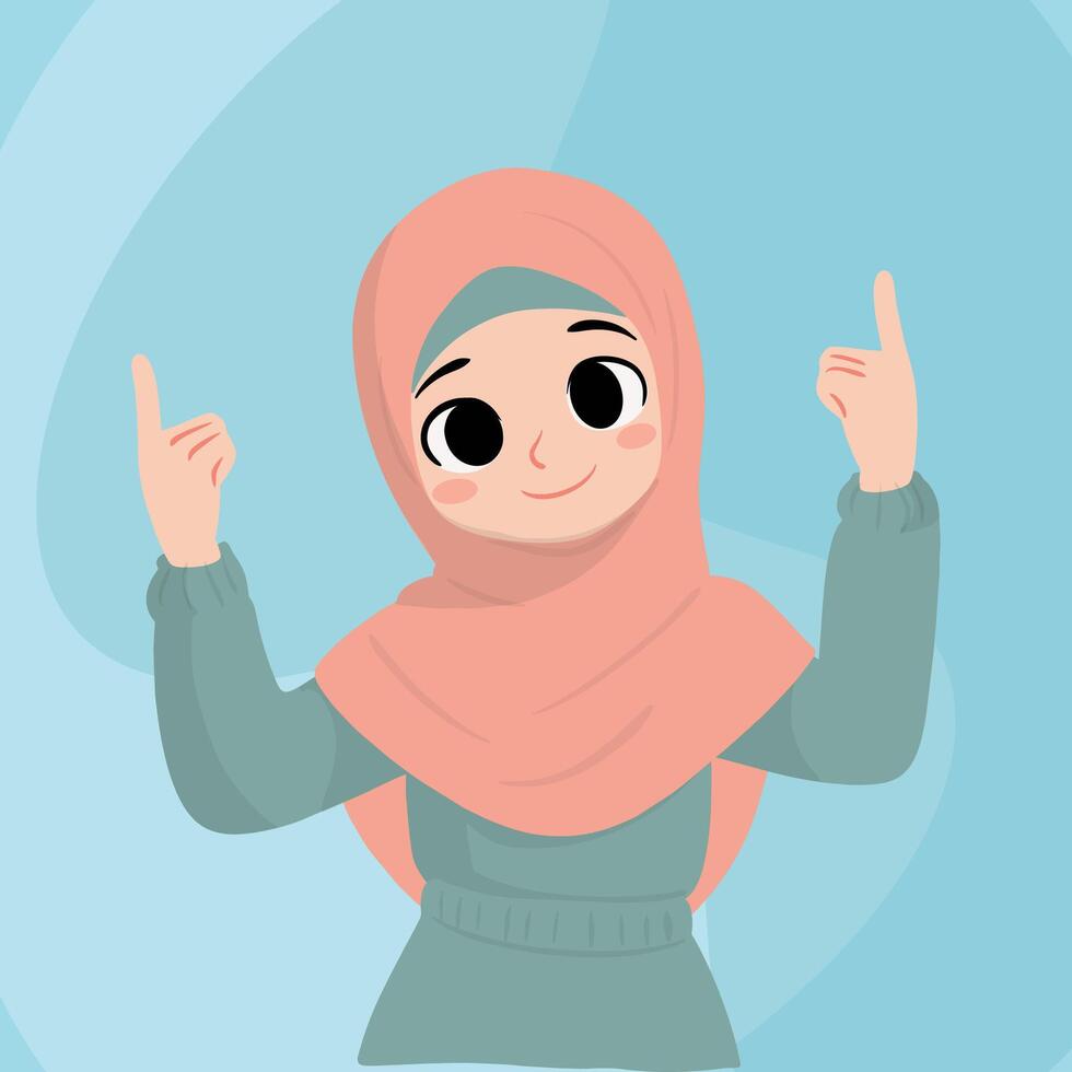 jovem hijab menina apontando para cima vetor