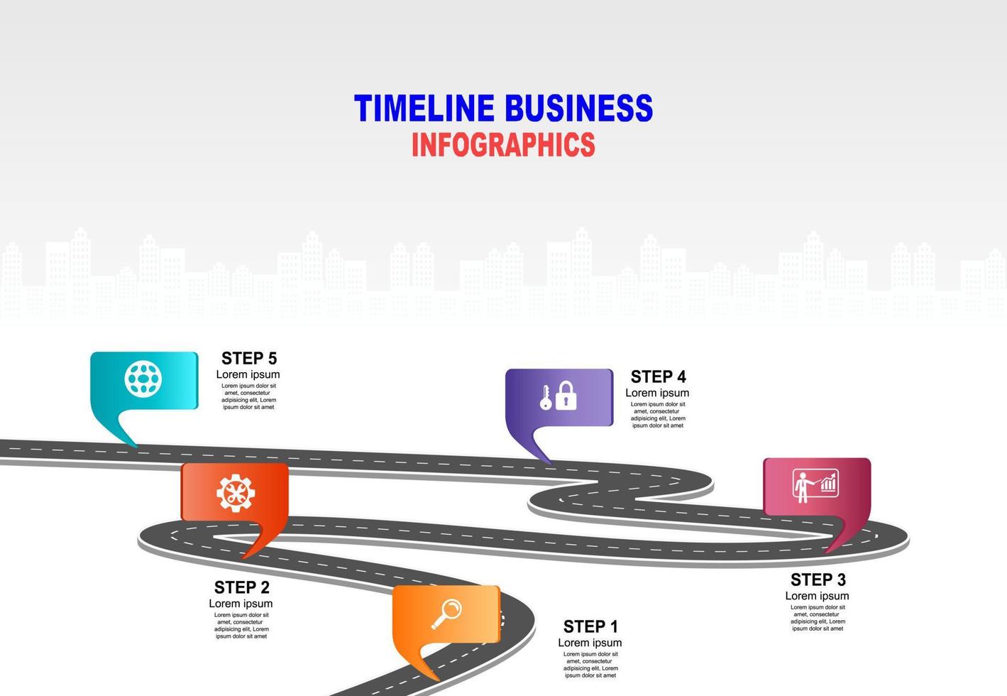 vetor modelo infográfico cronograma de operações comerciais com bandeiras e espaços reservados em estradas curvas. símbolos, etapas para um planejamento de negócios bem-sucedido, adequado para publicidade e apresentações