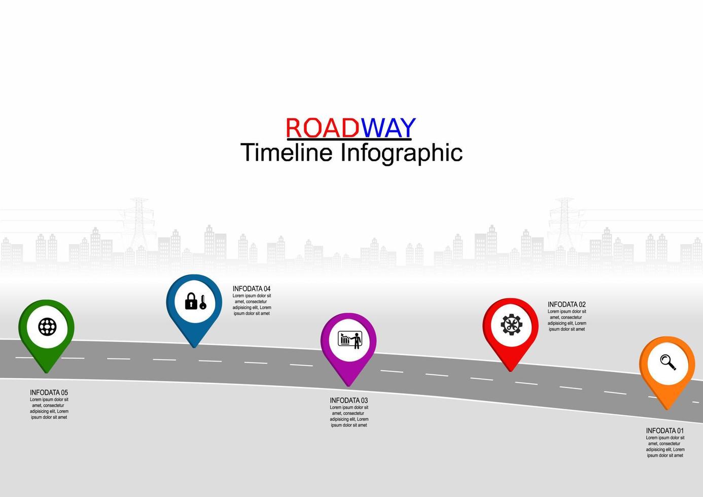 vetor modelo infográfico cronograma de operações comerciais com bandeiras e espaços reservados em estradas curvas. símbolos, etapas para um planejamento de negócios bem-sucedido, adequado para publicidade e apresentações