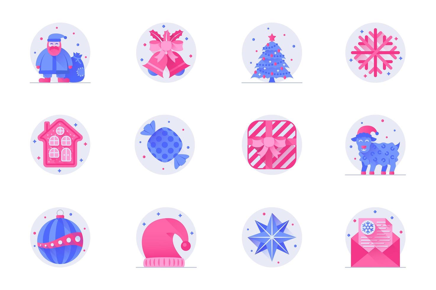 ícones de cores planas da web do conceito de Natal com conjunto de sombras. pacote de pictogramas de Papai Noel, sino, árvore, floco de neve, doces, presente, bola e outros. ilustração vetorial de símbolos para design de aplicativo móvel de site vetor