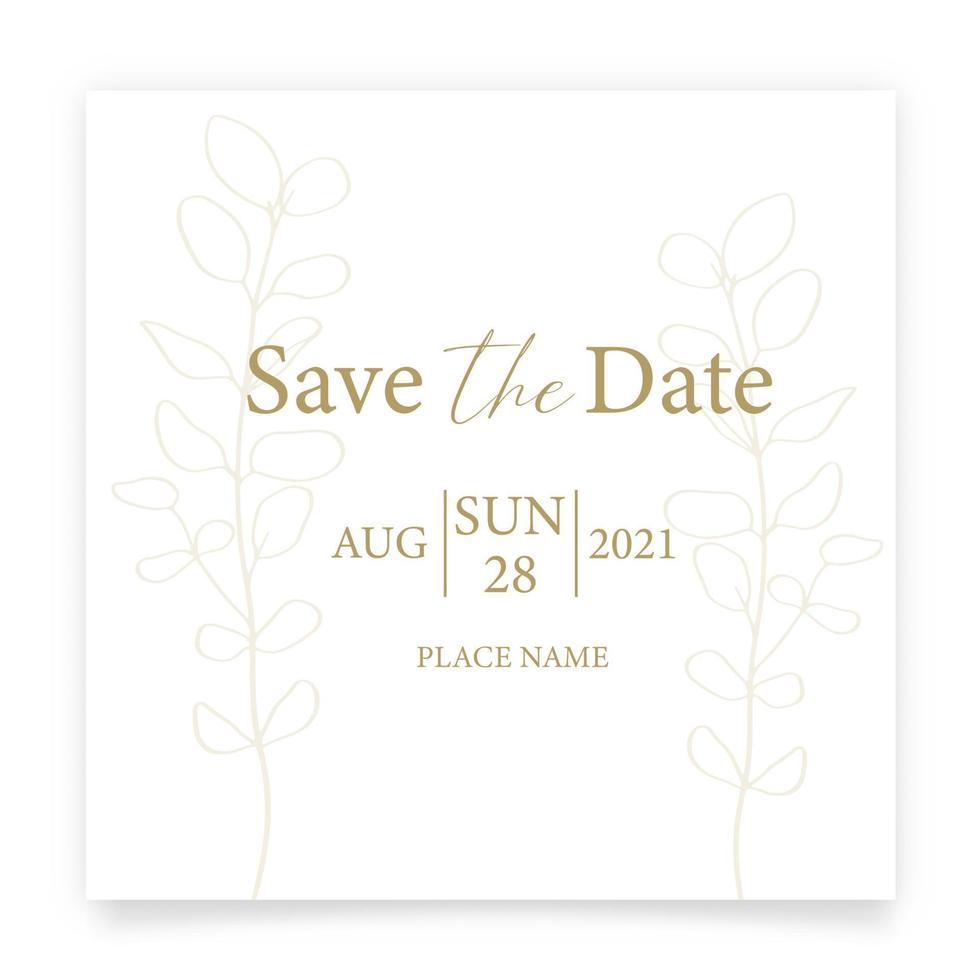 salve o cartão de data. modelo de convite de casamento, com folhas de eucalipto em linha. estilo minimalista. vetor