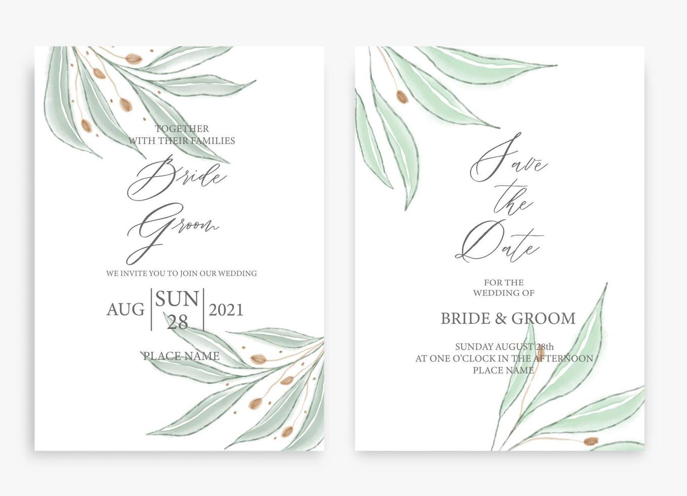 design de modelo de cartão de convite de casamento floral, com folhas verdes. tema vintage pastel. vetor
