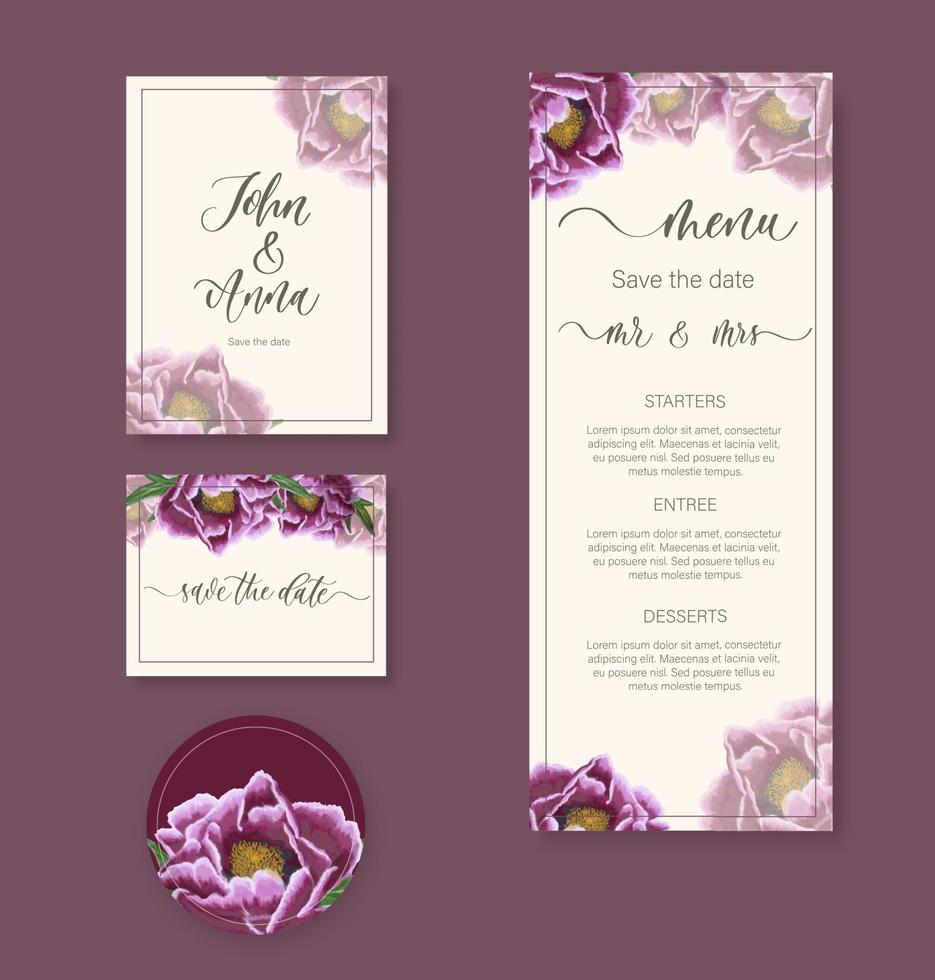 convite floral em aquarela de casamento, obrigado, resposta, menu, rsvp com peônia de flores em aquarela suavemente. vetor