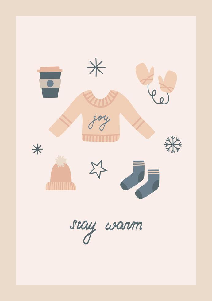 acolhedor inverno roupas escandinavo mão desenhado fofa Natal cumprimento cartão com letras vetor