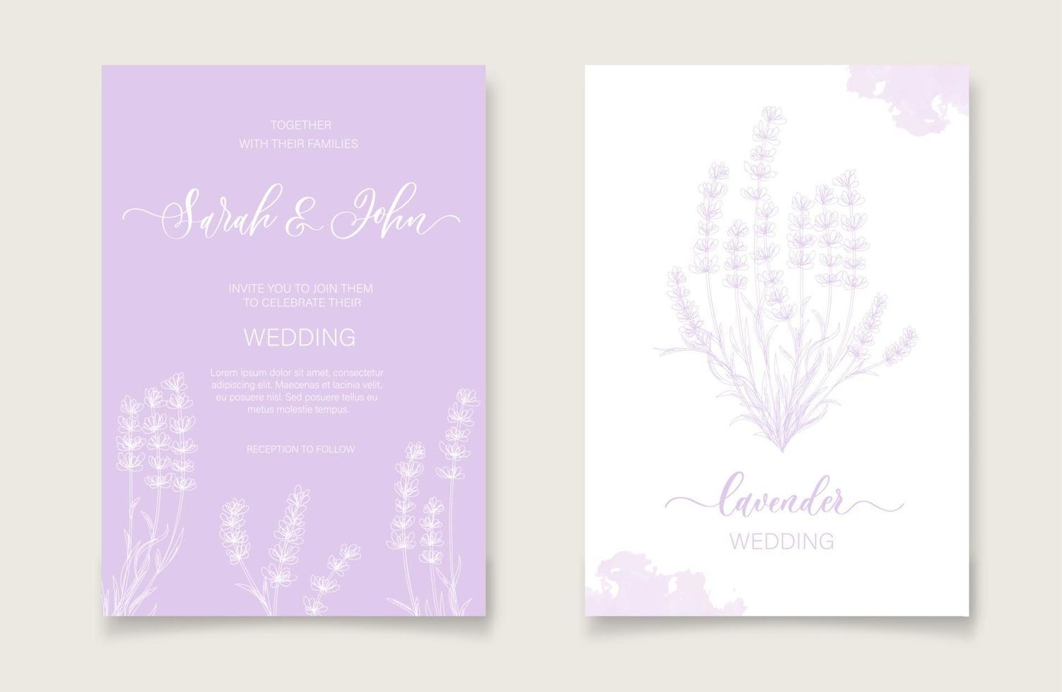 design de modelo de cartão de convite de casamento floral com flores de lavanda em aquarela. vetor