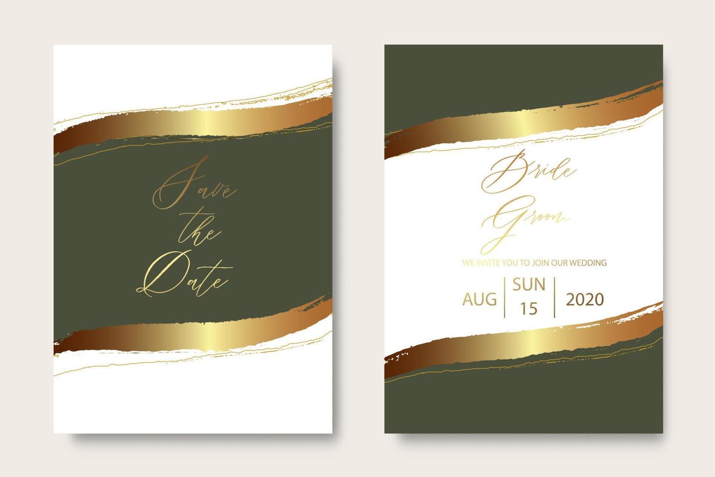 cartão de convite de casamento verde com design de escova de ouro de luxo. caligrafia moderna. vetor