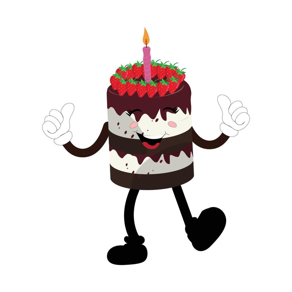 fofa doce aniversário bolo desenho animado personagem projeto, vintage personagem desenho animado aniversário bolo, retro adesivo do feliz chocolate bolo com velas vetor