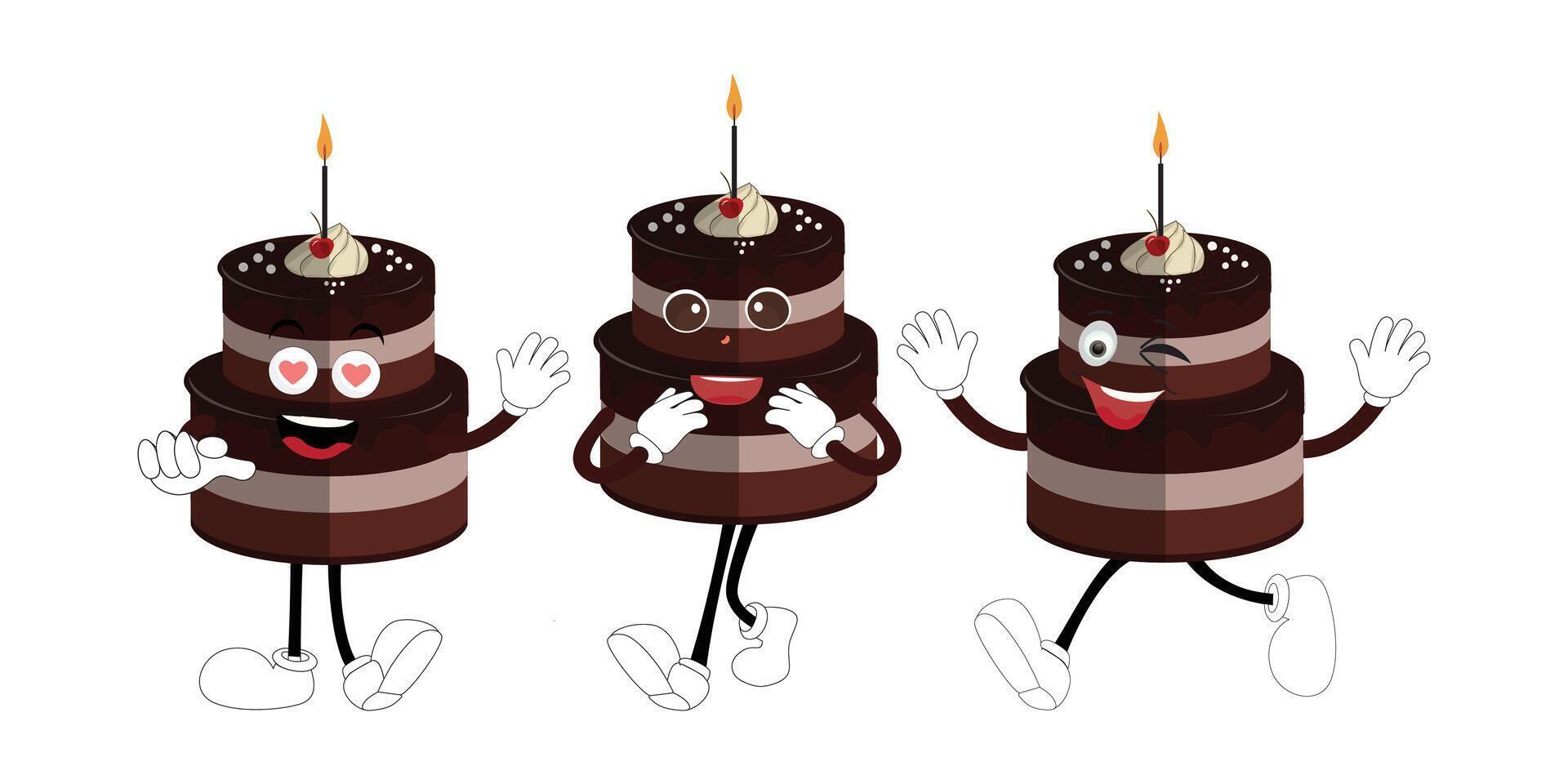 fofa doce aniversário bolo desenho animado personagem projeto, vintage personagem desenho animado aniversário bolo, retro adesivo do feliz chocolate bolo com velas vetor