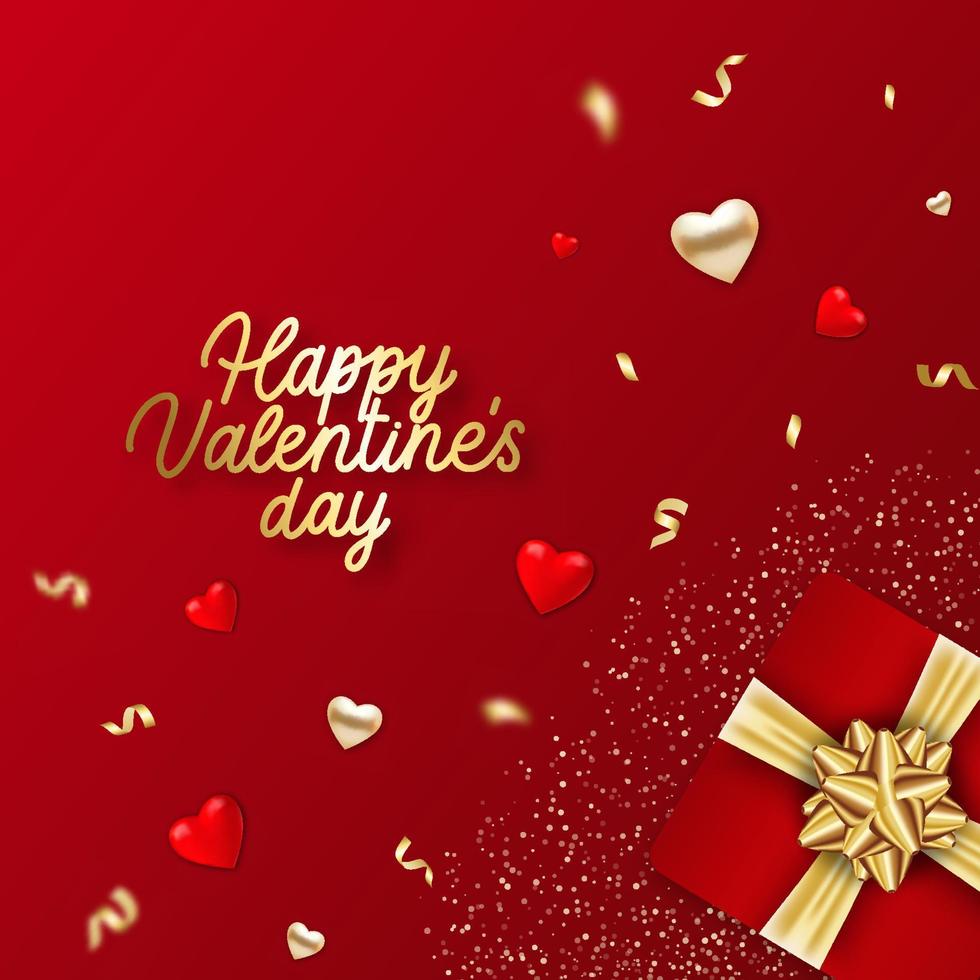 coração vermelho e dourado com confete reluzente de ouro, inscrição feliz dia dos namorados isolado em fundo vermelho vetor