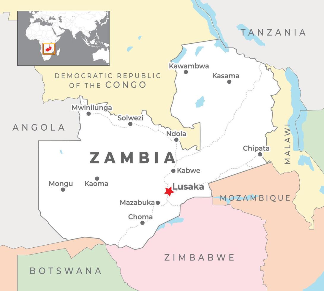 Zâmbia político mapa com capital Lusaca, a maioria importante cidades com nacional fronteiras vetor