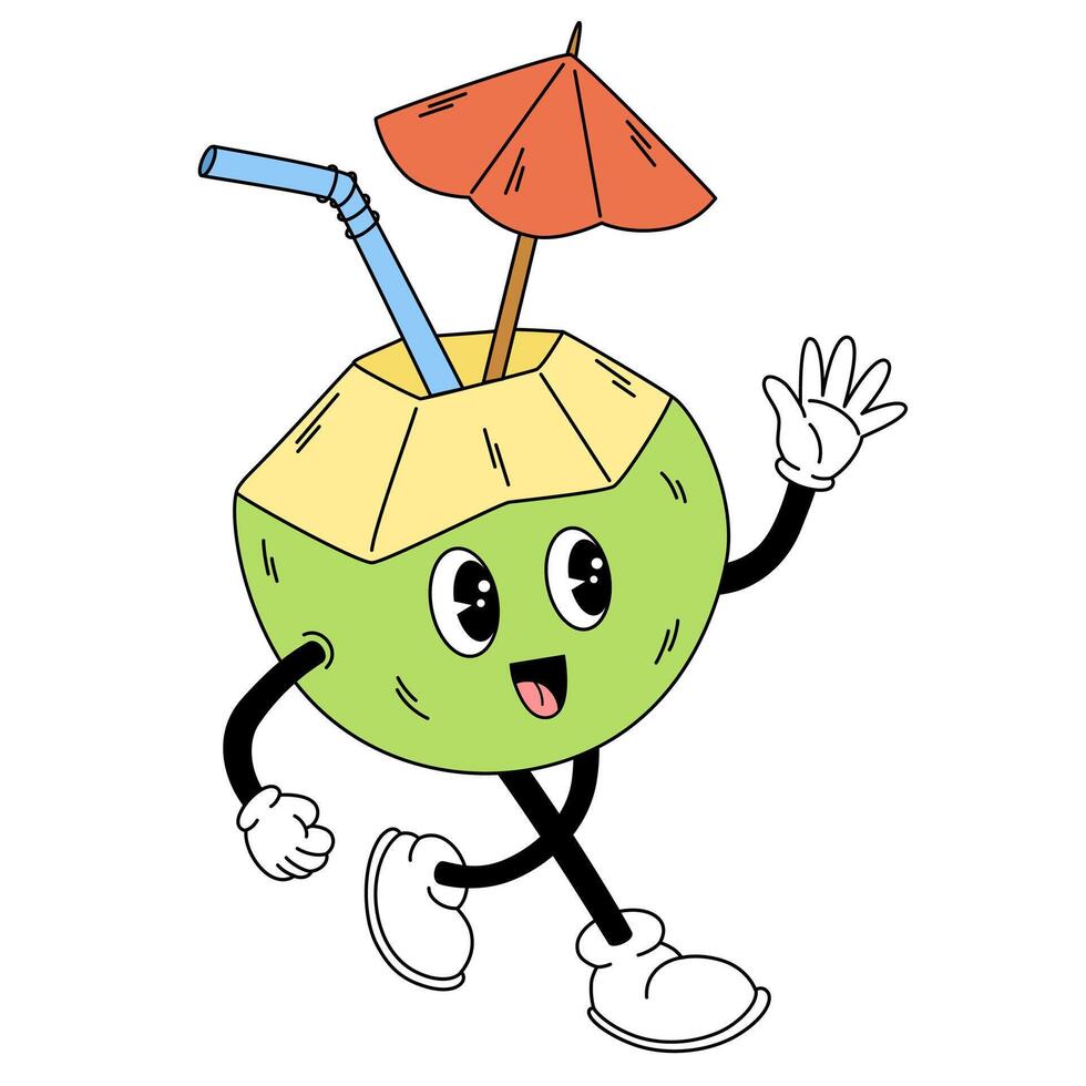 groovy coquetel. desenho animado coco vidro com guarda-chuva, canudo, sorrir e retro flair. rabisco quadrinho vetor ilustração