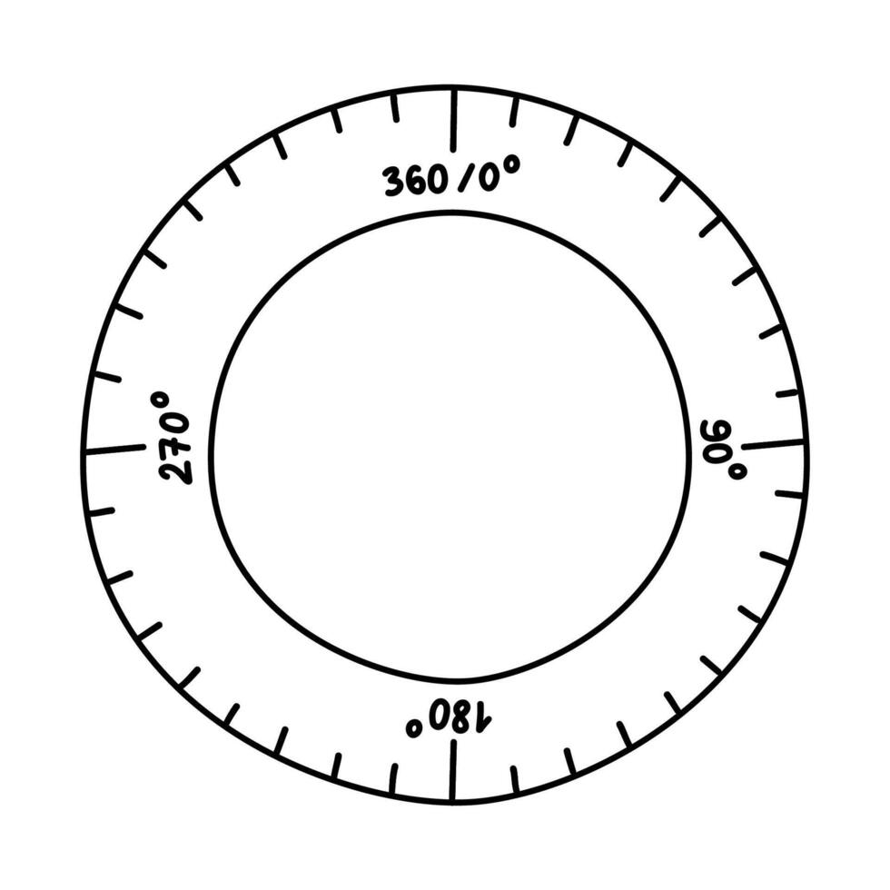 fofa rabisco plástico circular transferidor régua com contorno. mão desenhado ferramenta para desenhando e medição graus. escola fornecer, papelaria para crianças, estudar, Educação e trabalhar. vetor clipart isolado.