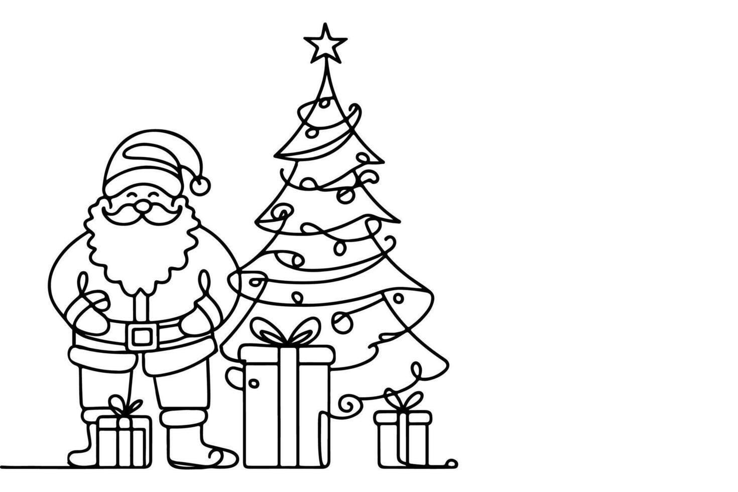 ai gerado ne contínuo Preto linha arte desenhando do alegre Natal árvore. mão desenhado do santa claus esboço rabisco vetor ilustração