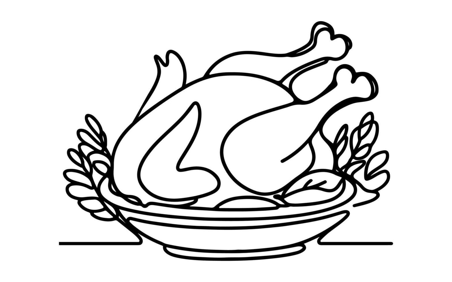 ai gerado contínuo 1 linha desenhando frango uma prato esboço rabisco linear vetor Ação de graças conceito em branco fundo