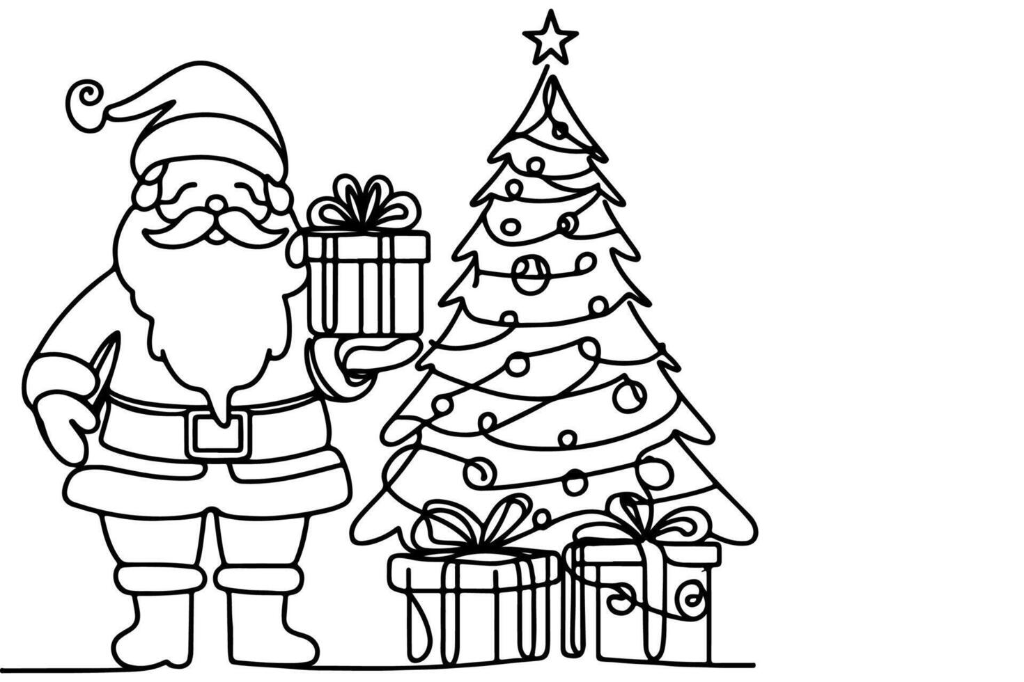 ai gerado ne contínuo Preto linha arte desenhando do alegre Natal árvore. mão desenhado do santa claus esboço rabisco vetor ilustração