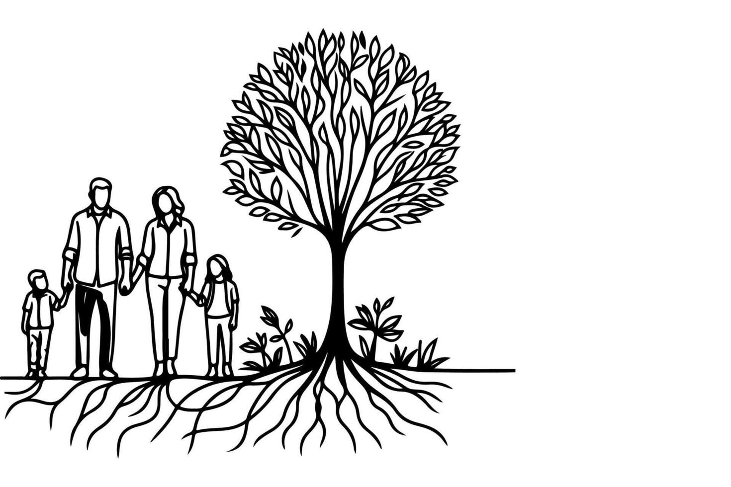 ai gerado contínuo 1 Preto linha arte desenhando silhuetas do feliz família segurando a mãos com árvore vetor ilustração em branco fundo