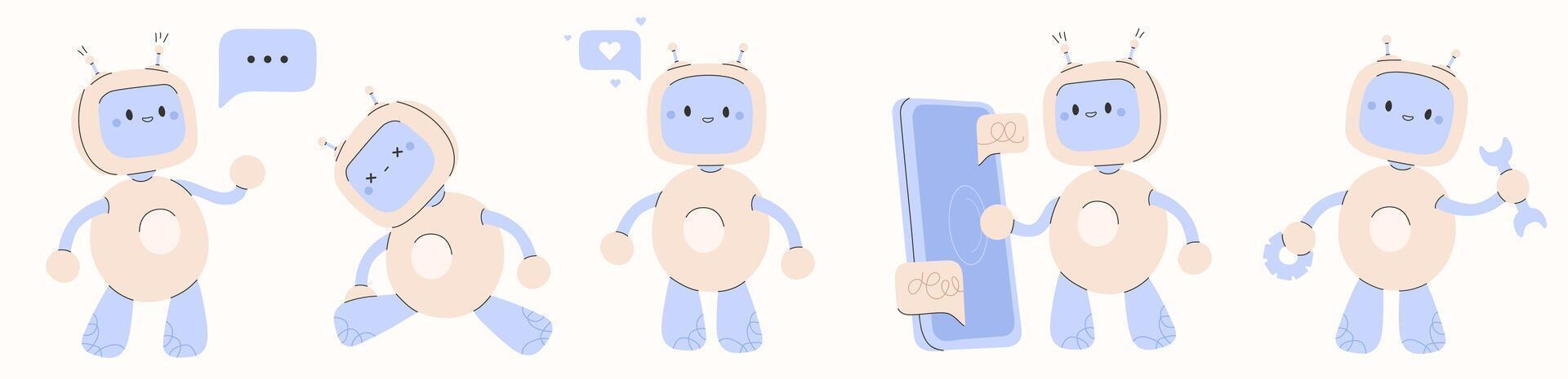 fofa chatbot ai personagem.artificial inteligência bate-papo serviço o negócio concept.ai conteúdo gerador. chatbot tecnologia, mão desenhado robô brinquedo mascote. vetor ilustração eps 10