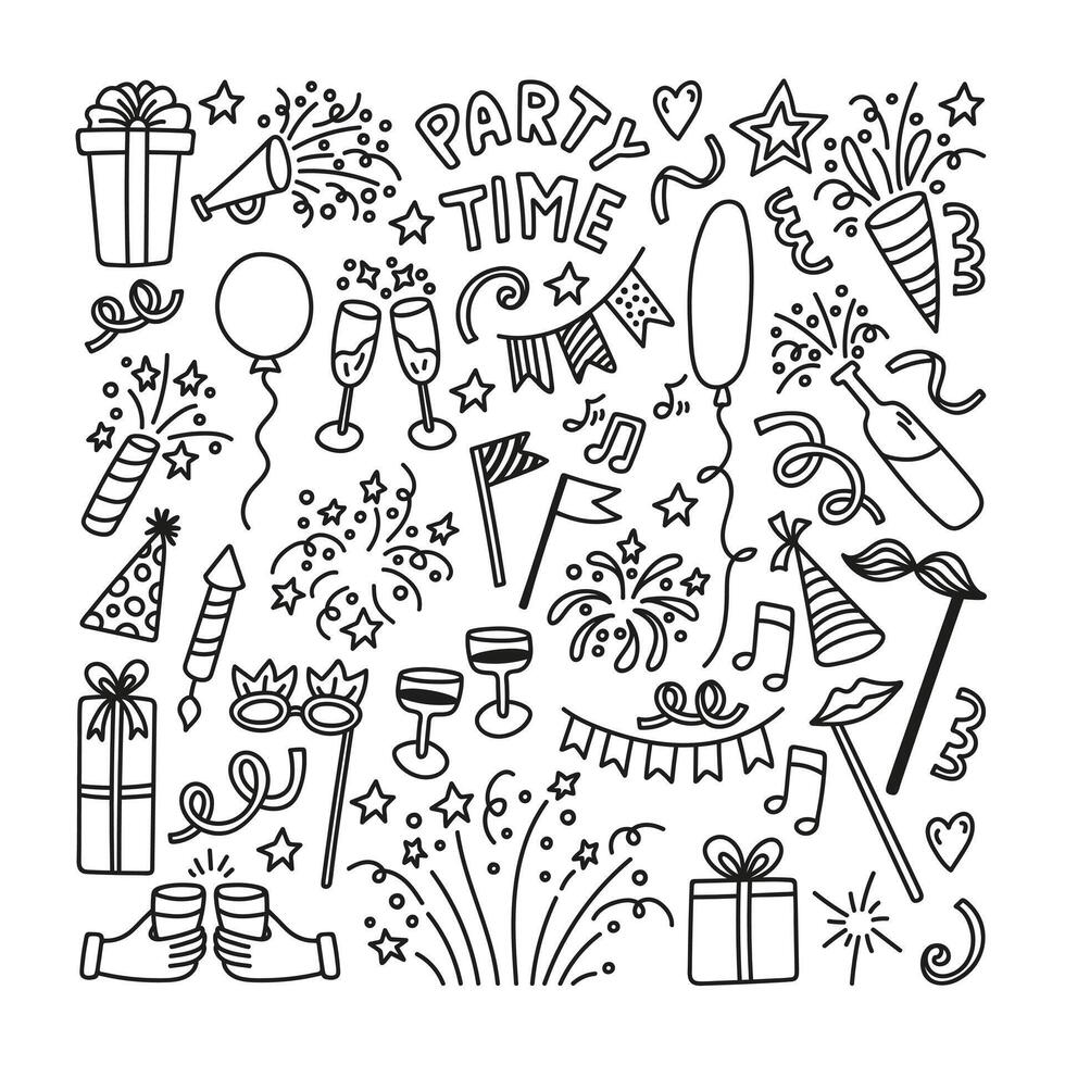 mão desenhado festa Tempo rabisco conjunto com fogos de artifício, confete, presentes, copos, balões vetor