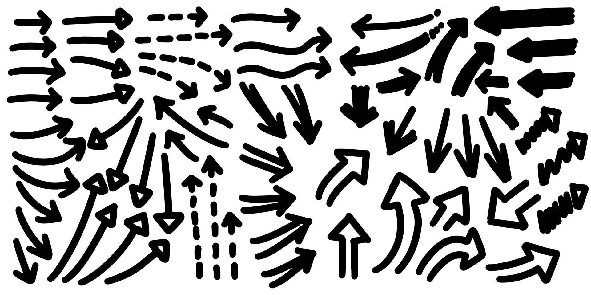 conjunto de vetores de setas de mão desenhada isoladas no fundo branco.