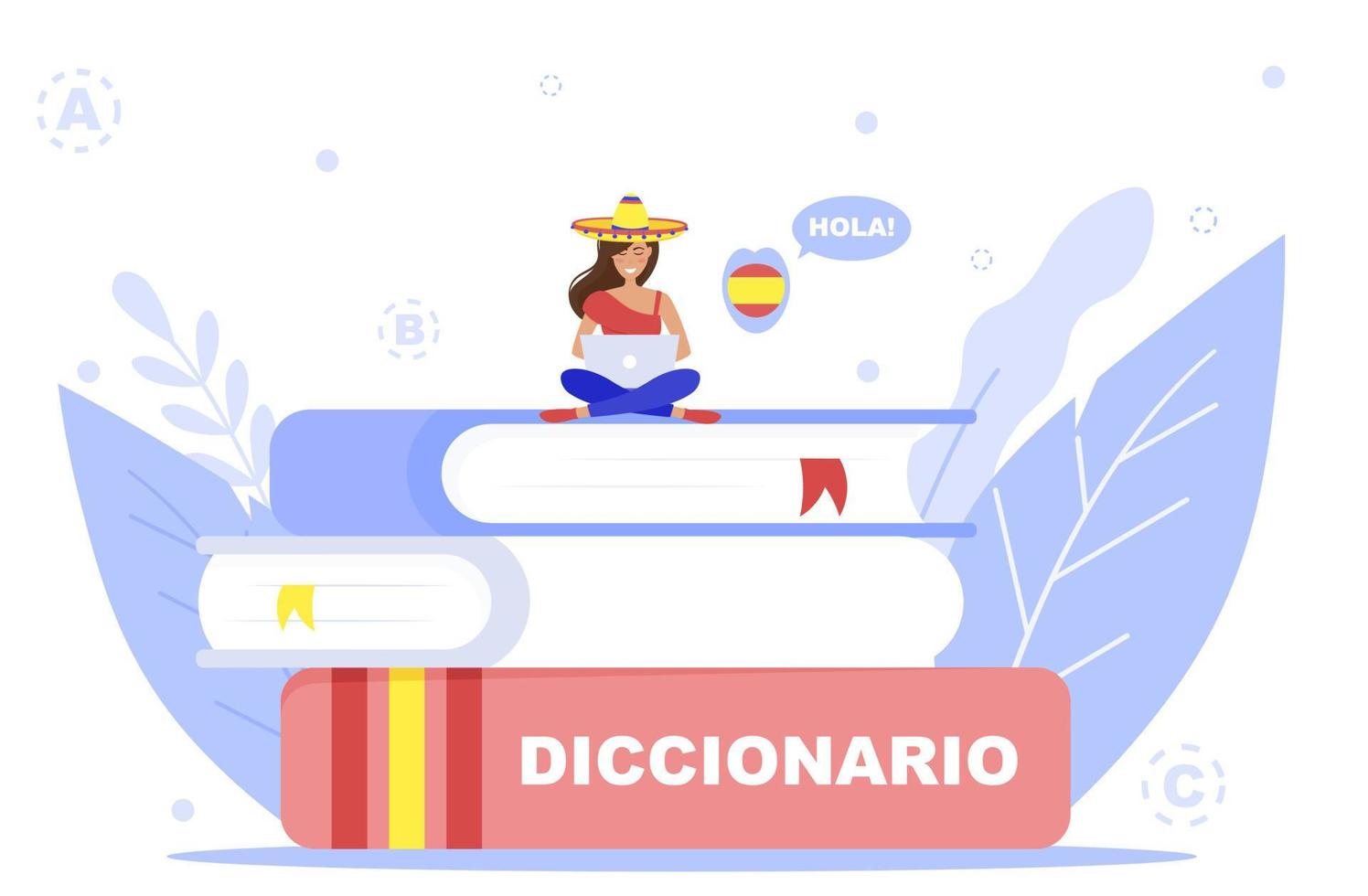 ilustração em vetor de cursos online. escola de idiomas. Educação online. tutor. Olá. dicionário, idioma espanhol. falante nativo.