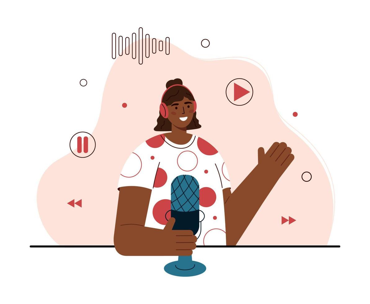ilustração em vetor plana de podcaster falando no microfone. mulher sorridente em fones de ouvido, gravando podcast de áudio ou programa online. podcasting, broadcasting. fundo branco.