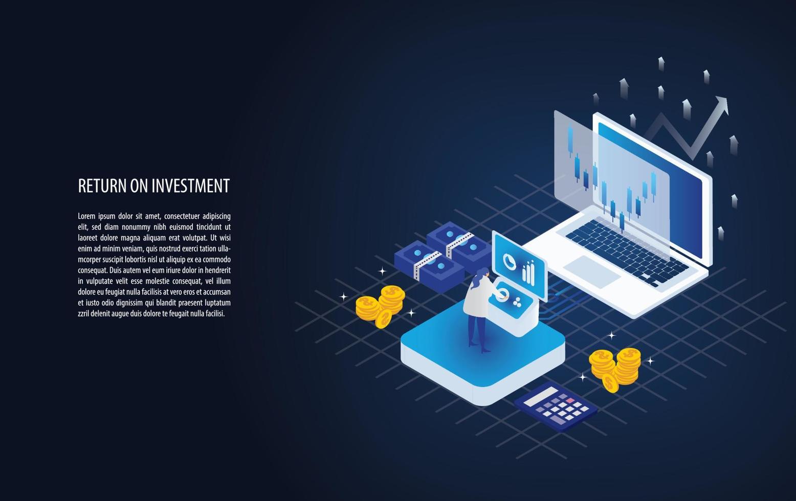 retorno isométrico do investimento em um laptop com analista, flecha e moeda de ouro. setas de crescimento de negócios para o sucesso. vetor de fundo