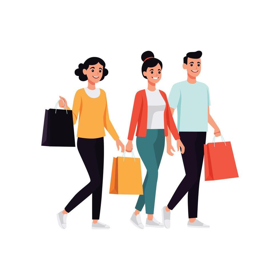 feliz clientes com compras plano Projeto ilustração vetor. vetor