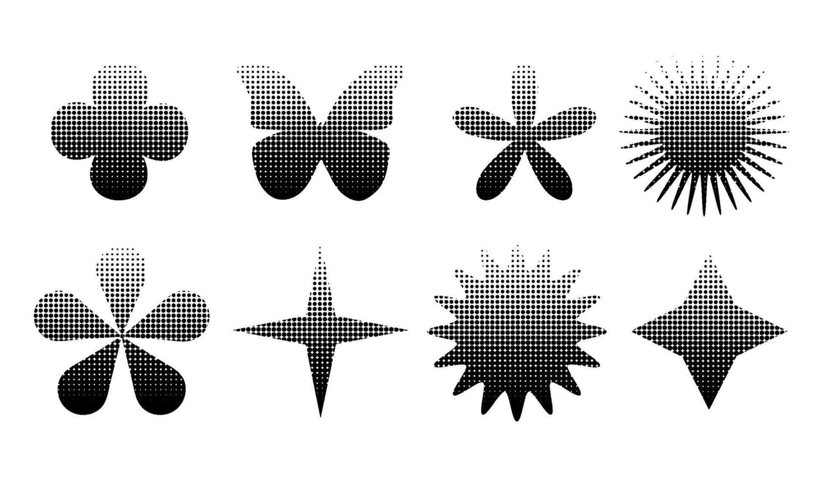 retro futurista minimalista básico figuras, geométrico gráfico elementos com meio-tom pontilhado textura. moderno anos 90 monocromático impressão silhuetas dentro brutalismo formas. ilustração. vetor