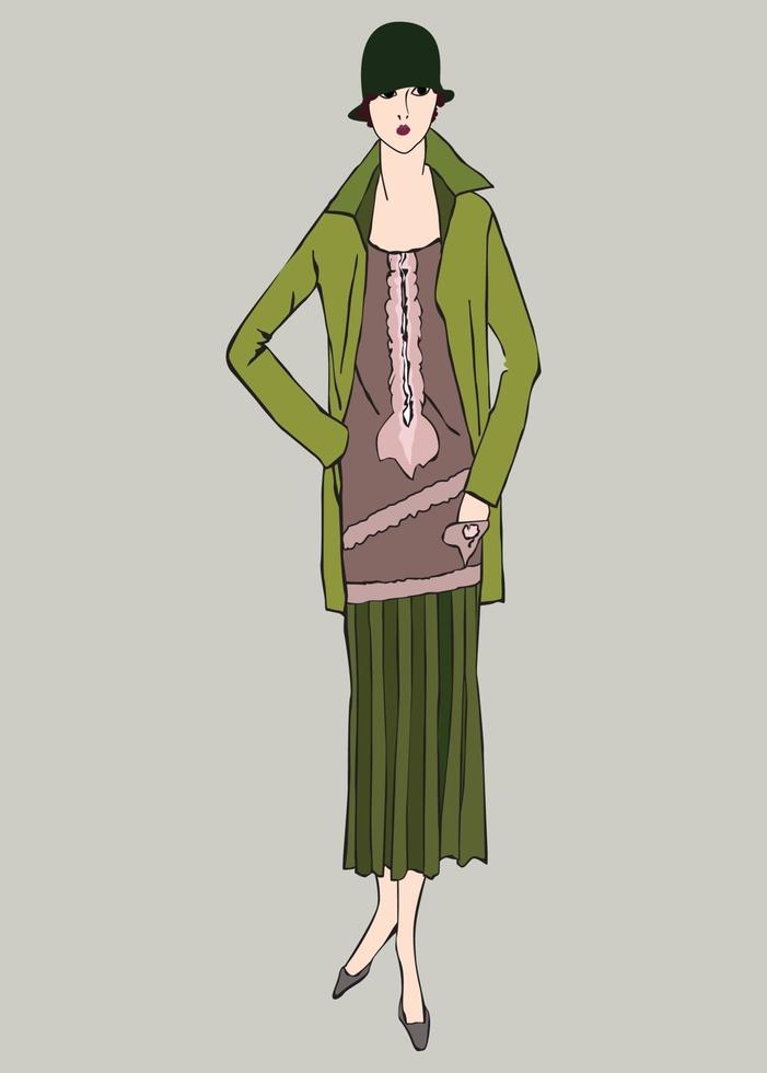 vestido de moda casual elegante mulher 1920 vintage outono look girl 1930 vetor