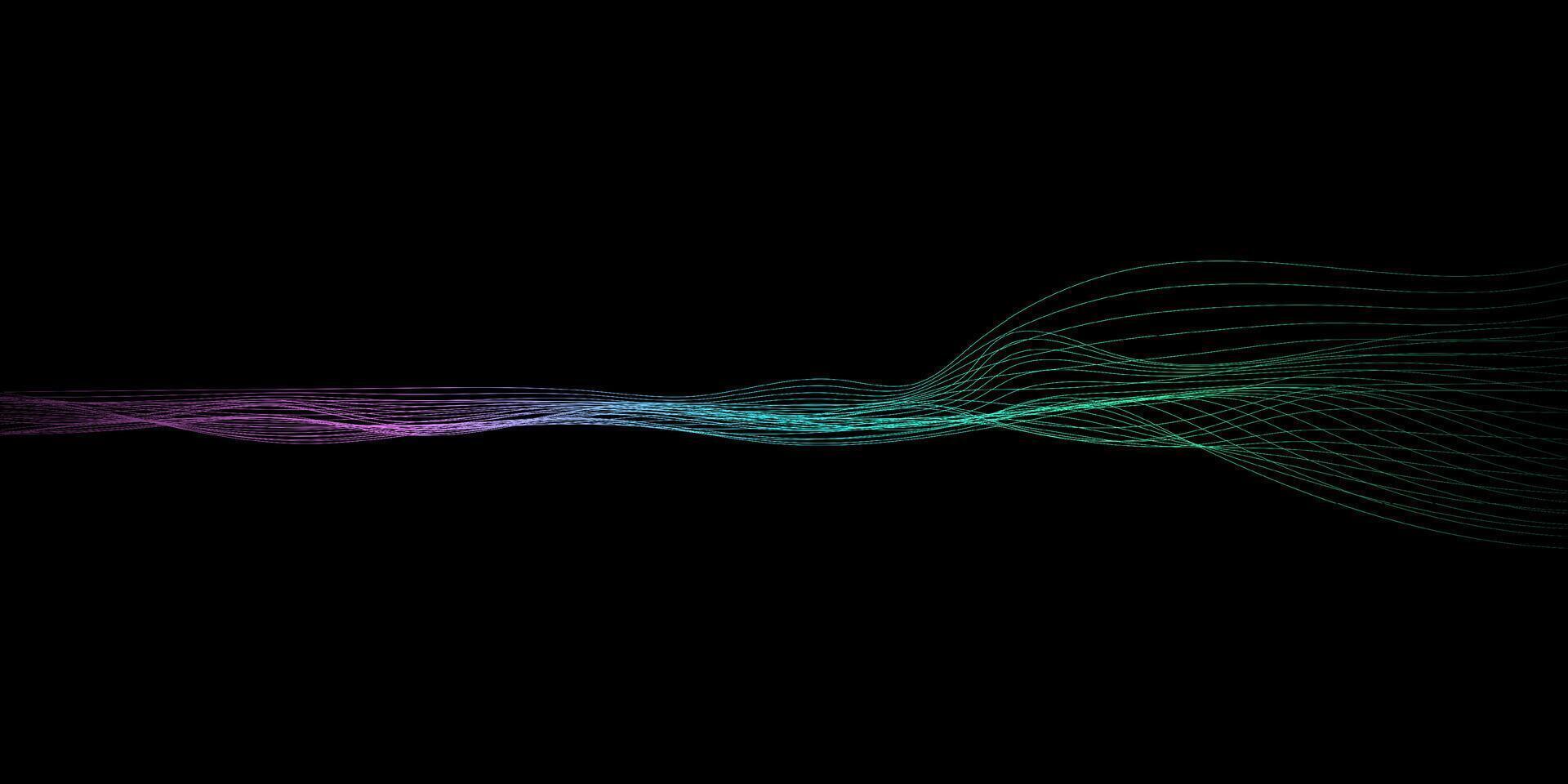 abstrato ondulado dinâmico azul verde tolet luz linhas curva bandeira em Preto fundo dentro conceito tecnologia, neural rede, neurologia, Ciência, música, néon luz vetor