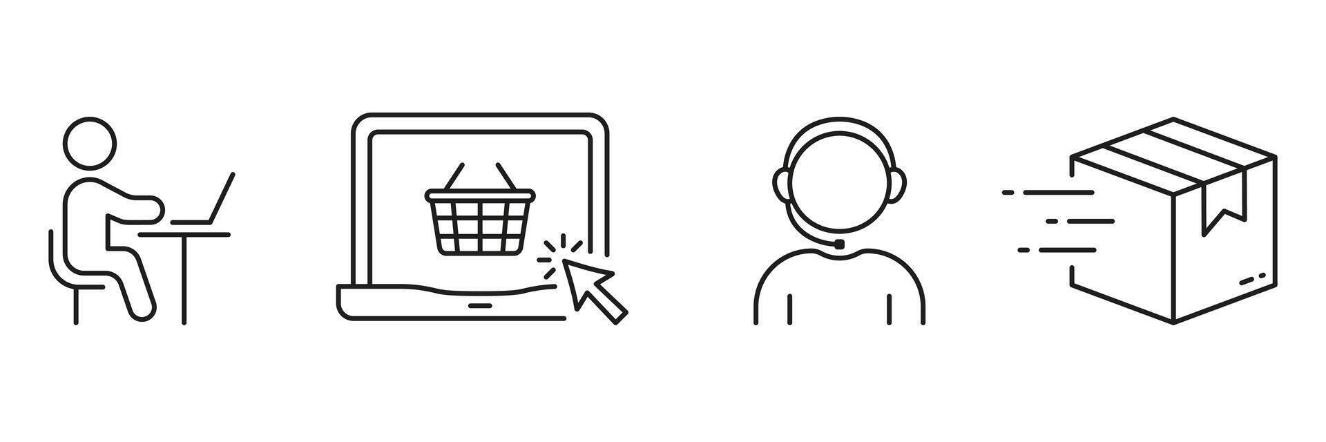 Comprar dentro conectados loja processo linha ícone definir. comércio eletrônico símbolo coleção. Entrega serviço Apoio, suporte linear pictograma. compras passos esboço placa. editável AVC. isolado ilustração vetor