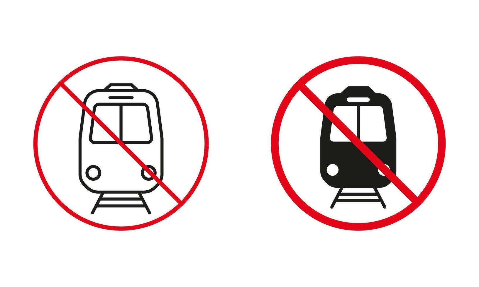 trem não permitido estrada placa. não estrada de ferro transporte círculo símbolo definir. proibir tráfego Ferrovia vermelho placa. estrada de ferro estação linha e silhueta proibido ícones. isolado ilustração vetor