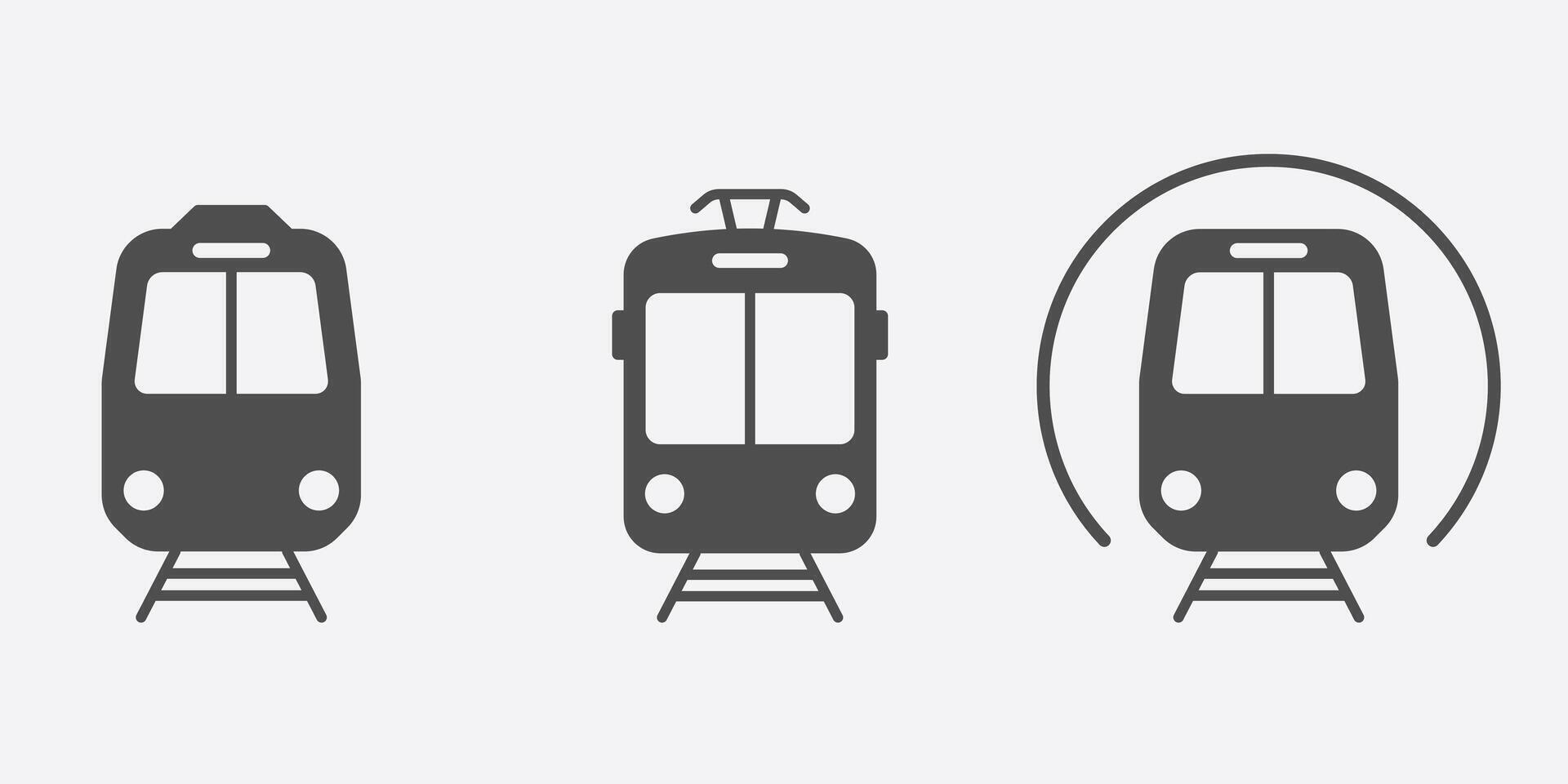 estrada de ferro público transporte silhueta ícone definir. trem, eléctrico, metro estação glifo pictograma. metrô, elétrico bonde estação placa. estrada tráfego símbolo coleção. isolado ilustração. vetor