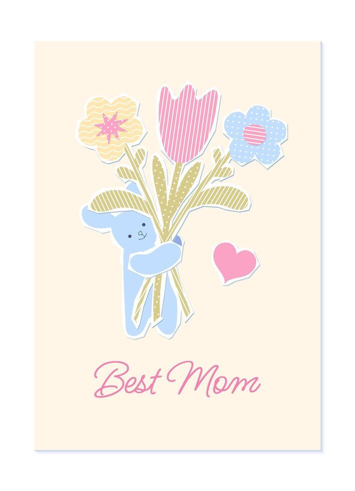 feliz mãe dia cumprimento cartão dentro infantil apliques estilo com papel fofa Coelho segurando flores vetor