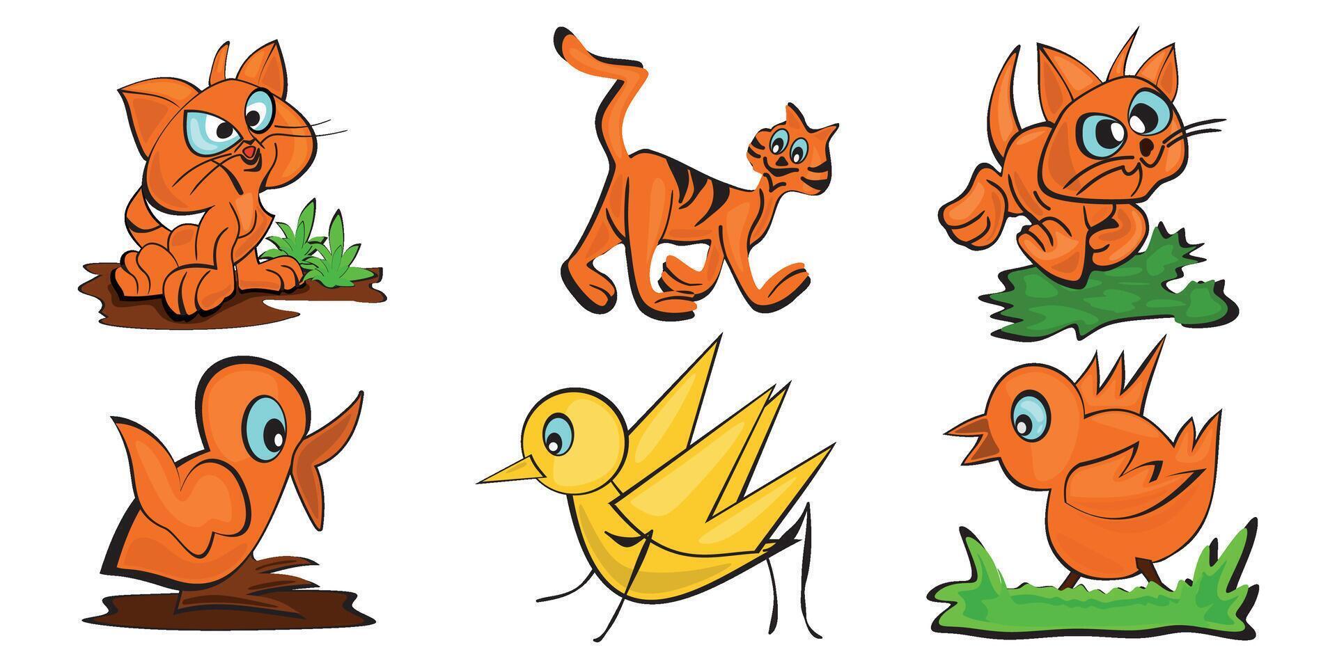 gatos e pássaros desenho animado pacote para designers vetor