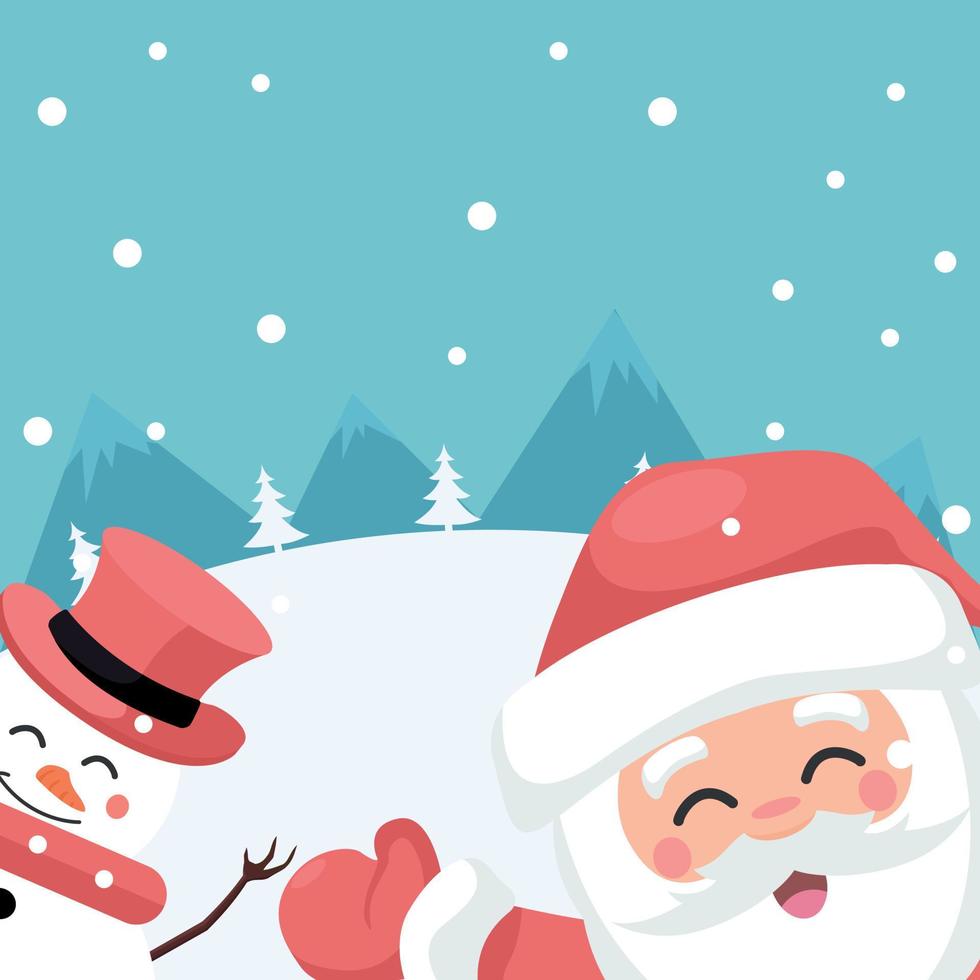 alegre papai noel e boneco de neve em cartão de feliz natal vetor