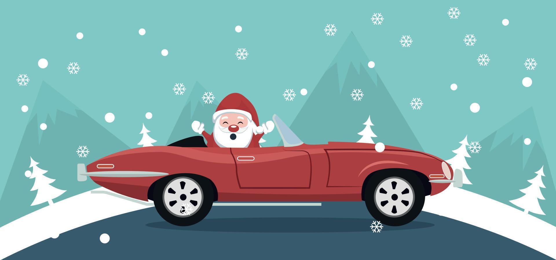 design de cartão de natal do papai noel em um carro clássico em uma paisagem de inverno vetor