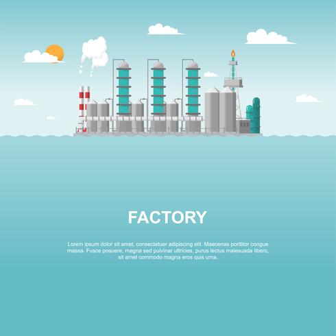 Fábrica industrial no mar em estilo simples. Vetor e ilustração do edifício de fabricação