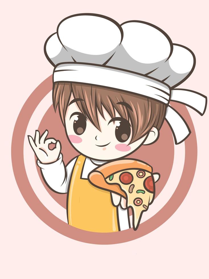 menino chef bonito segurando uma fatia de pizza. conceito de ilustração de logotipo de fast food vetor