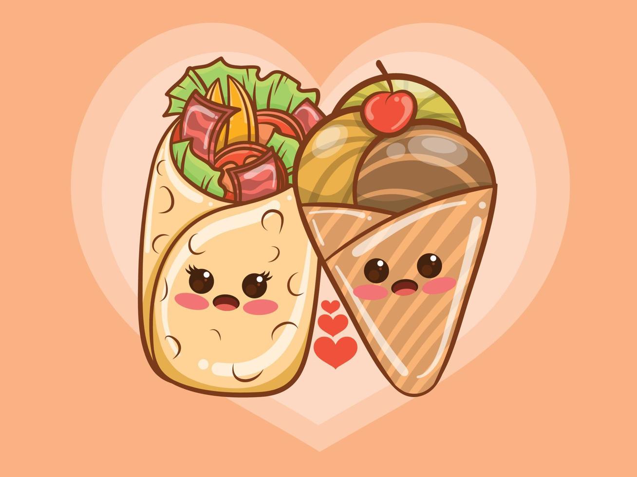 conceito de casal kebab bonito e sorvete. desenho animado vetor