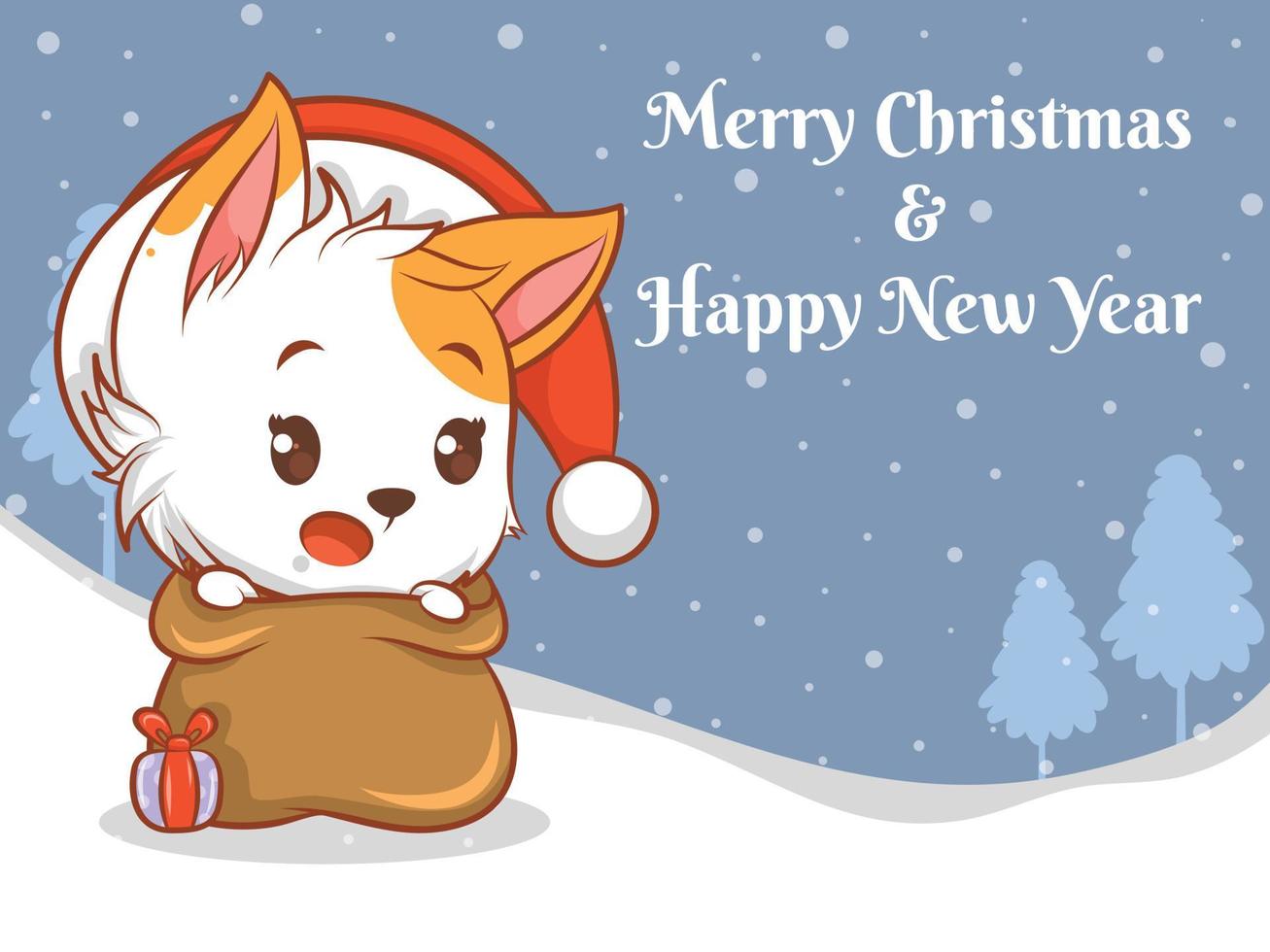 personagem de desenho animado de gato bonito com feliz Natal e banner de saudação de feliz ano novo. vetor